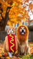 A cat and a dog in halloween costumes. The cat should be dressed as a hot dog. The dog should be dressed as a lion. They are outside in a big yard wit
