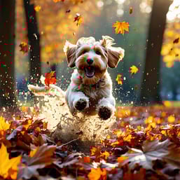 A golden doodle leaps joyfully into a vibrant mound of autumn leaves sending a cascade of amber crimson and russet foliage spiraling into the air The sunlight filters through the trees casting a warm glow on the scene as the dogs fur glistens momenta-1