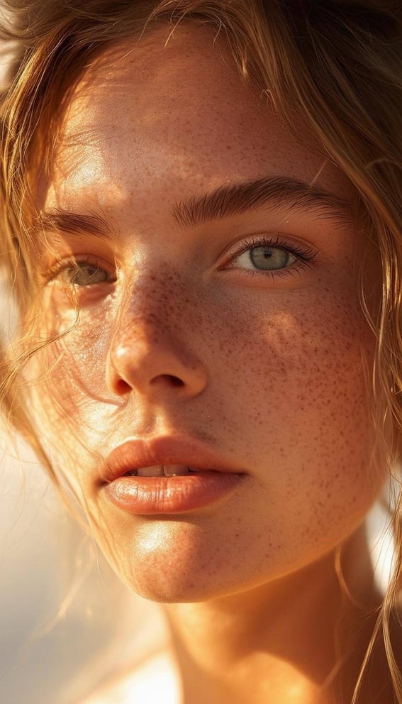 A highly realistic portrait of a young woman, her face illuminated by the warm glow of sunlight streaming across her features. She gazes directly into