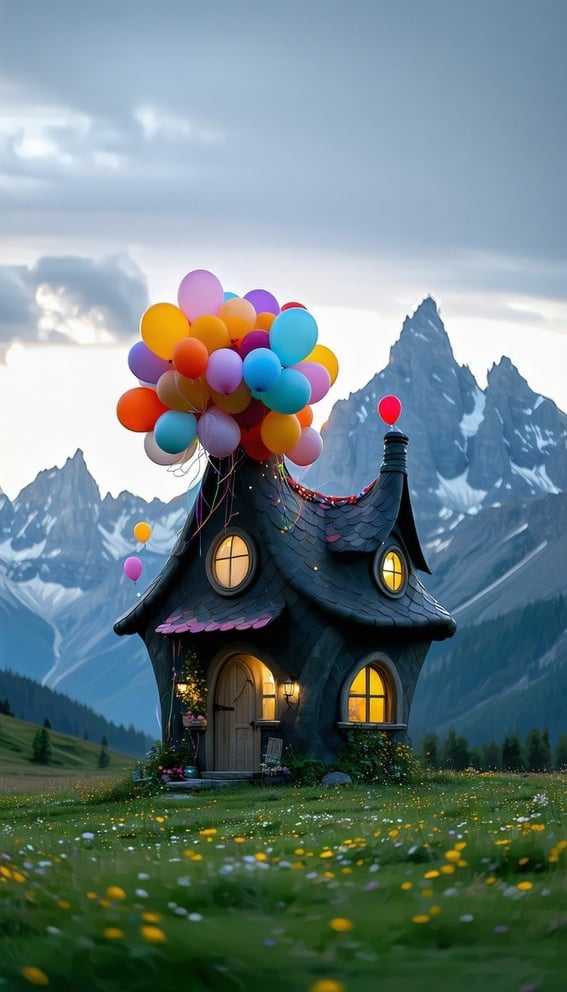In this enchanting scene, a whimsical dark-colored house takes center stage, its quirky architecture heightened by a vibrant explosion of balloons tha