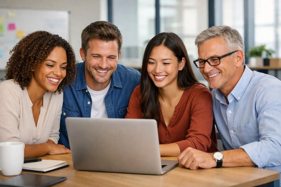 People sat smiling looking at a laptop in an office-2