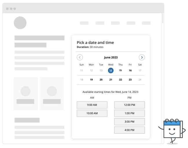 Schedule Once schedulign app interface featuring a calendar, time table, and contact information