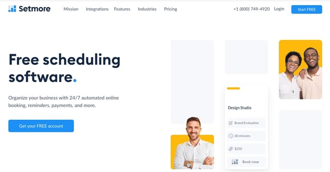 Setmore scheduling software homepage featuring photos of people smiling and a sample of the app interface