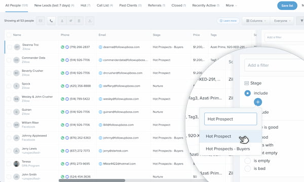 Follow Up Boss real estate CRM in contact list view