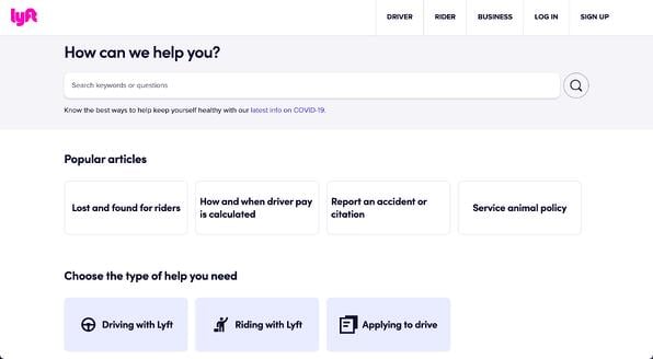 lyft's knowledge base homepage displaying a search bar and popular support articles