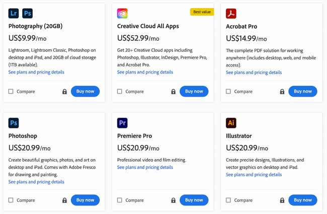 saas pricing model: adobe