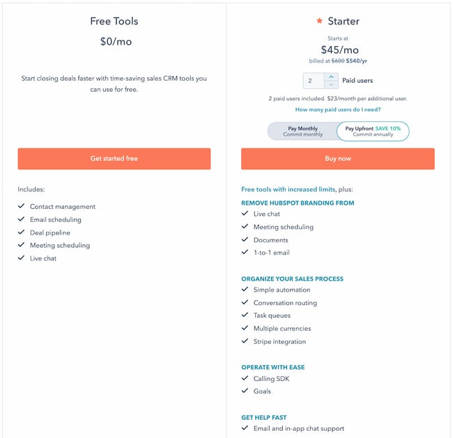 saas pricing model example: sales hub