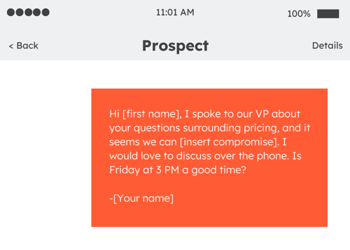 sales text message example: objection handling