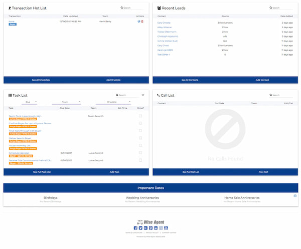 Wise Agent real estate CRM with various reports and tasks in a dashboard