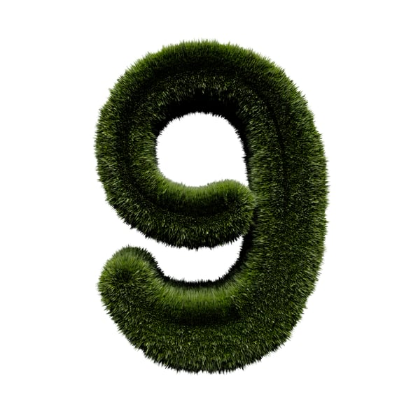 Number nine in grass texture isolated over white