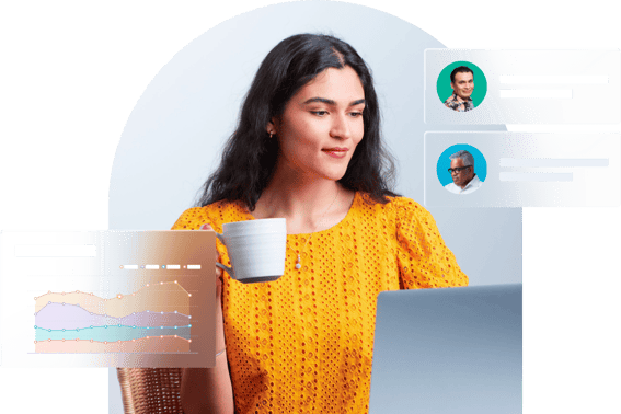 Person in a bright yellow top drinking coffee while working on a laptop