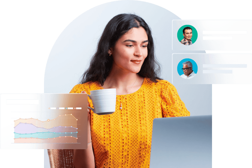 Person in a bright yellow top drinking coffee while working on a laptop