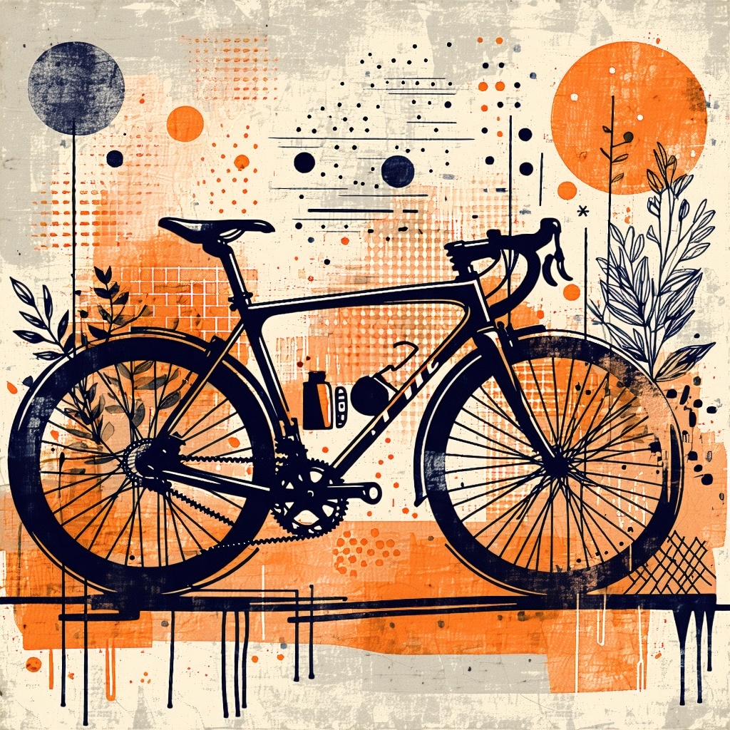 an illustration of a bicyles hand drawn with lots of orange and navy colour-1